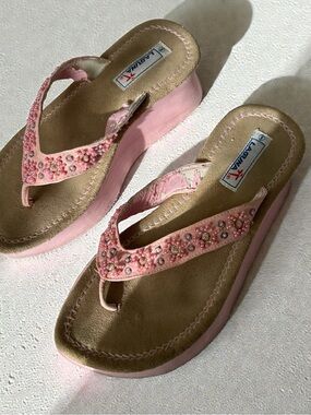 Vintage Y2K Pink Platform Flip Flops Beaded Coquette Fairycore Sandals